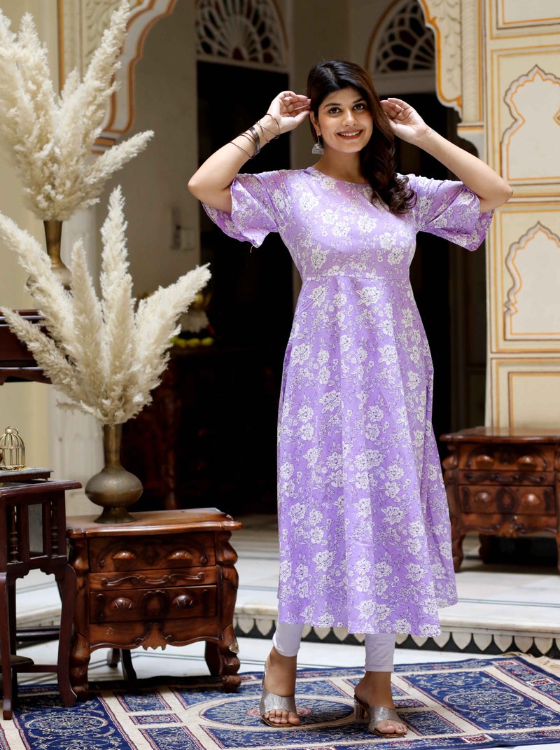 Miravan Floral Printed Lavender Anarkali Kurta for Women - Image 2